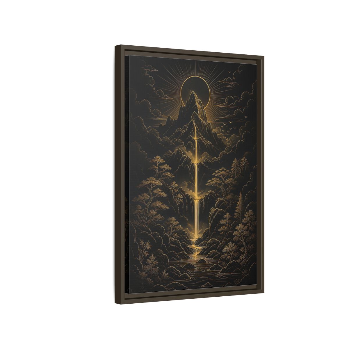 Side Mockup 2. Nature Mountain Waterfall Gold And Black Landscape shown as stretched canvas wall art