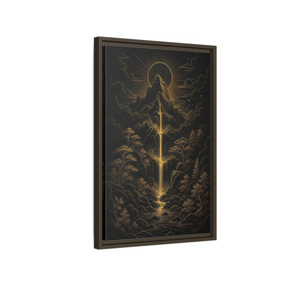 Side Mockup 2. Nature Mountain Waterfall Gold And Black Landscape shown as stretched canvas wall art