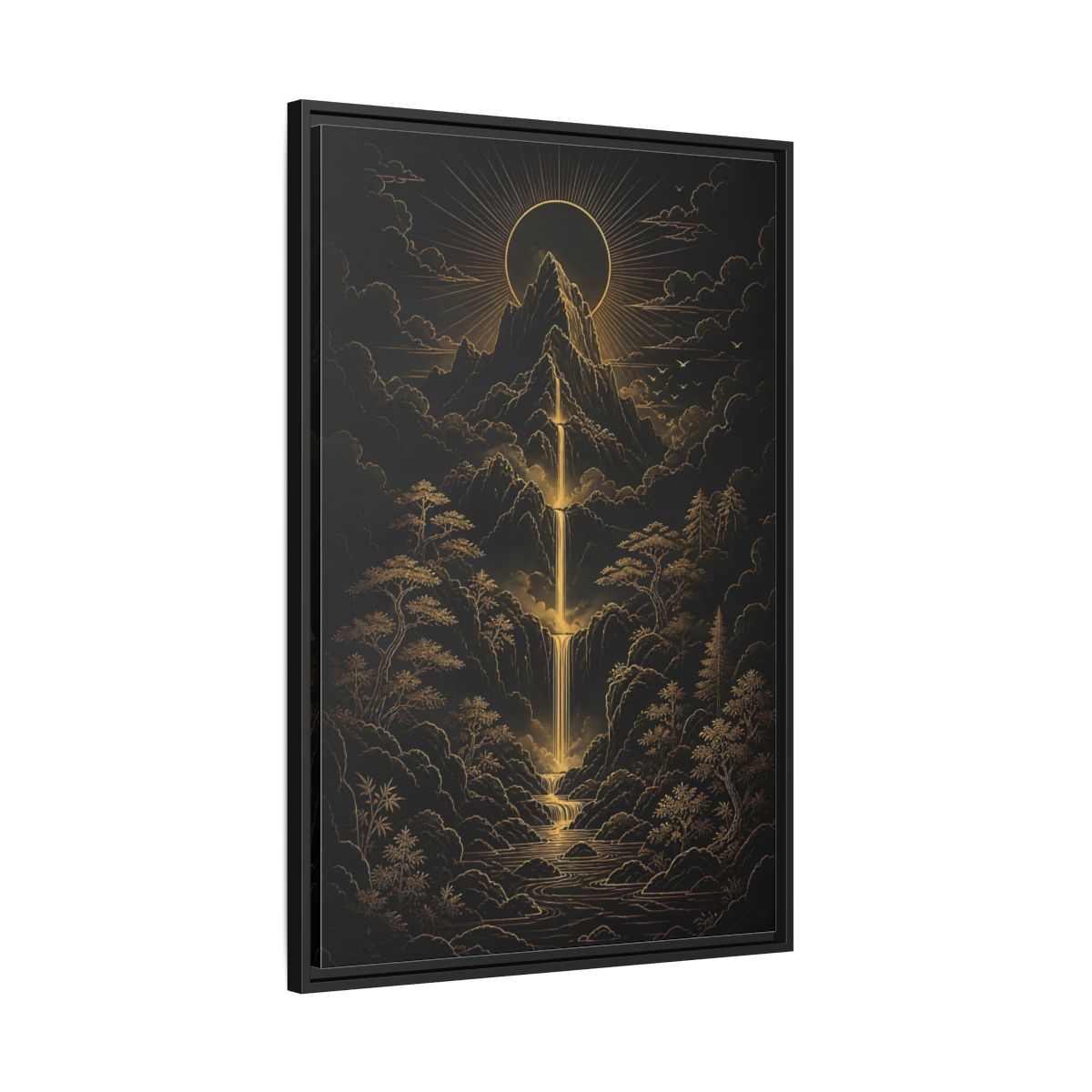 Side Mockup 13. Nature Mountain Waterfall Gold And Black Landscape shown as stretched canvas wall art