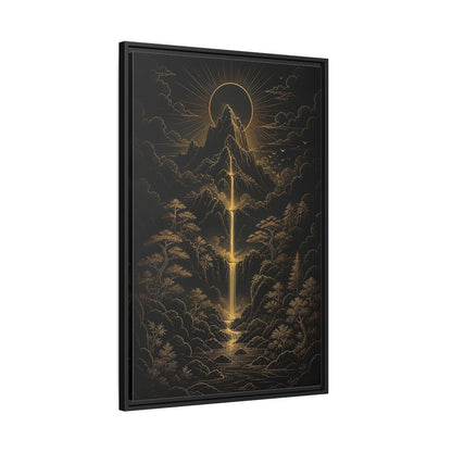 Side Mockup 13. Nature Mountain Waterfall Gold And Black Landscape shown as stretched canvas wall art