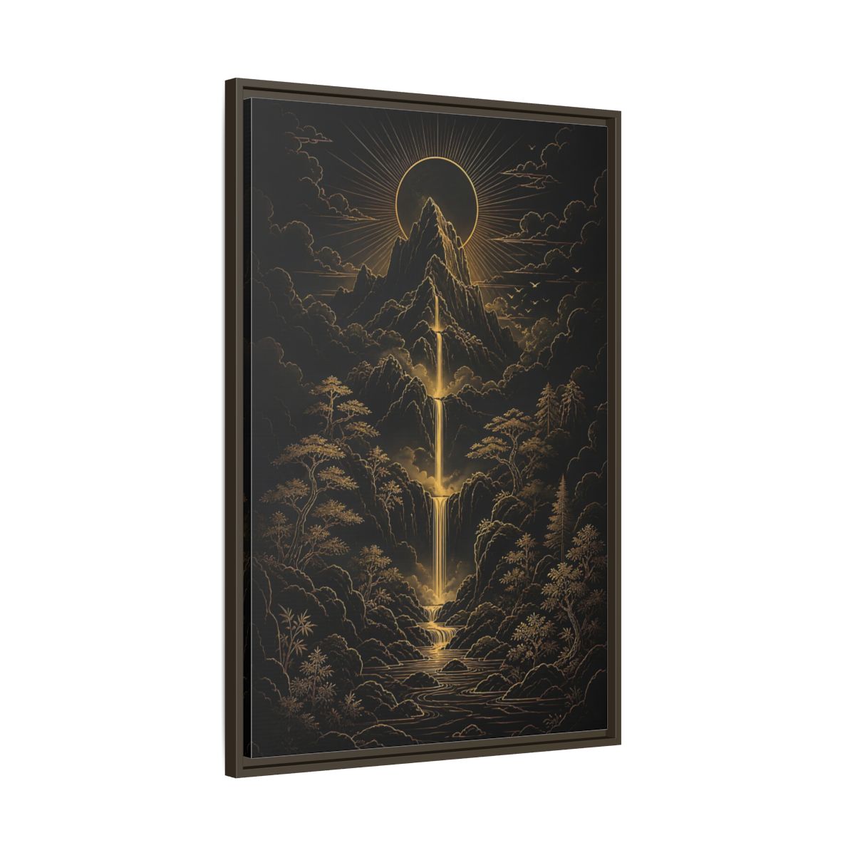 Main Mockup. Nature Mountain Waterfall Gold And Black Landscape shown as stretched canvas wall art