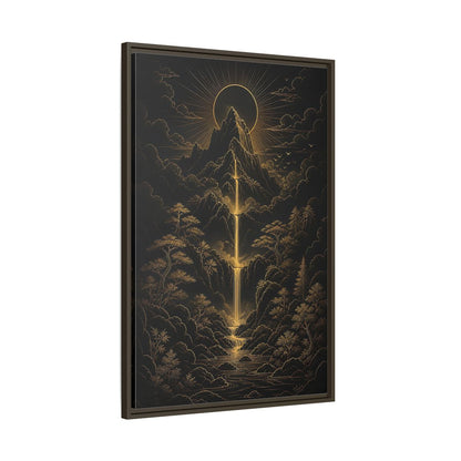 Main Mockup. Nature Mountain Waterfall Gold And Black Landscape shown as stretched canvas wall art
