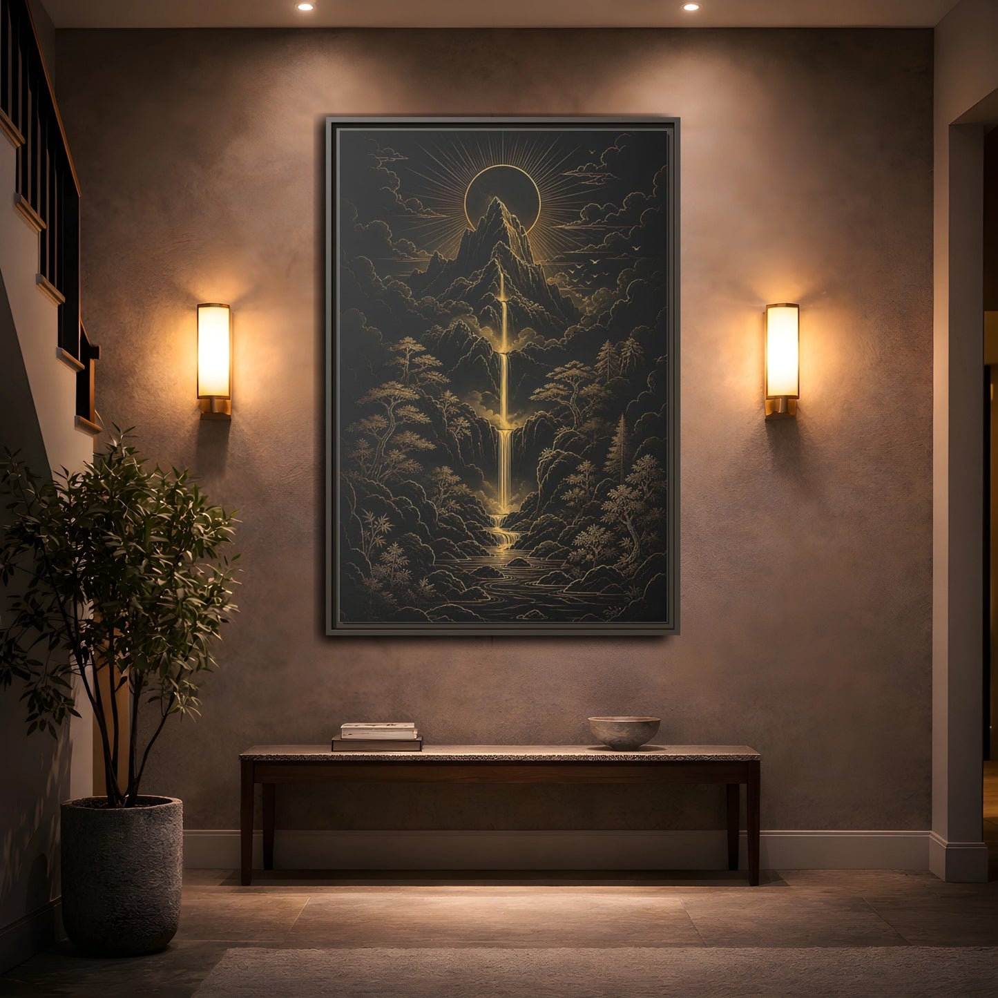 Mockup 2. Nature Mountain Waterfall Gold And Black Landscape shown as stretched canvas wall art