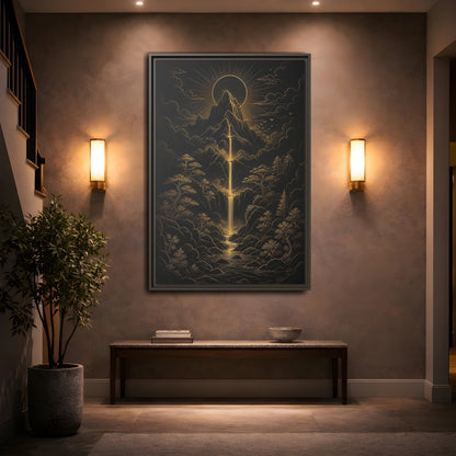 Mockup 2. Nature Mountain Waterfall Gold And Black Landscape shown as stretched canvas wall art
