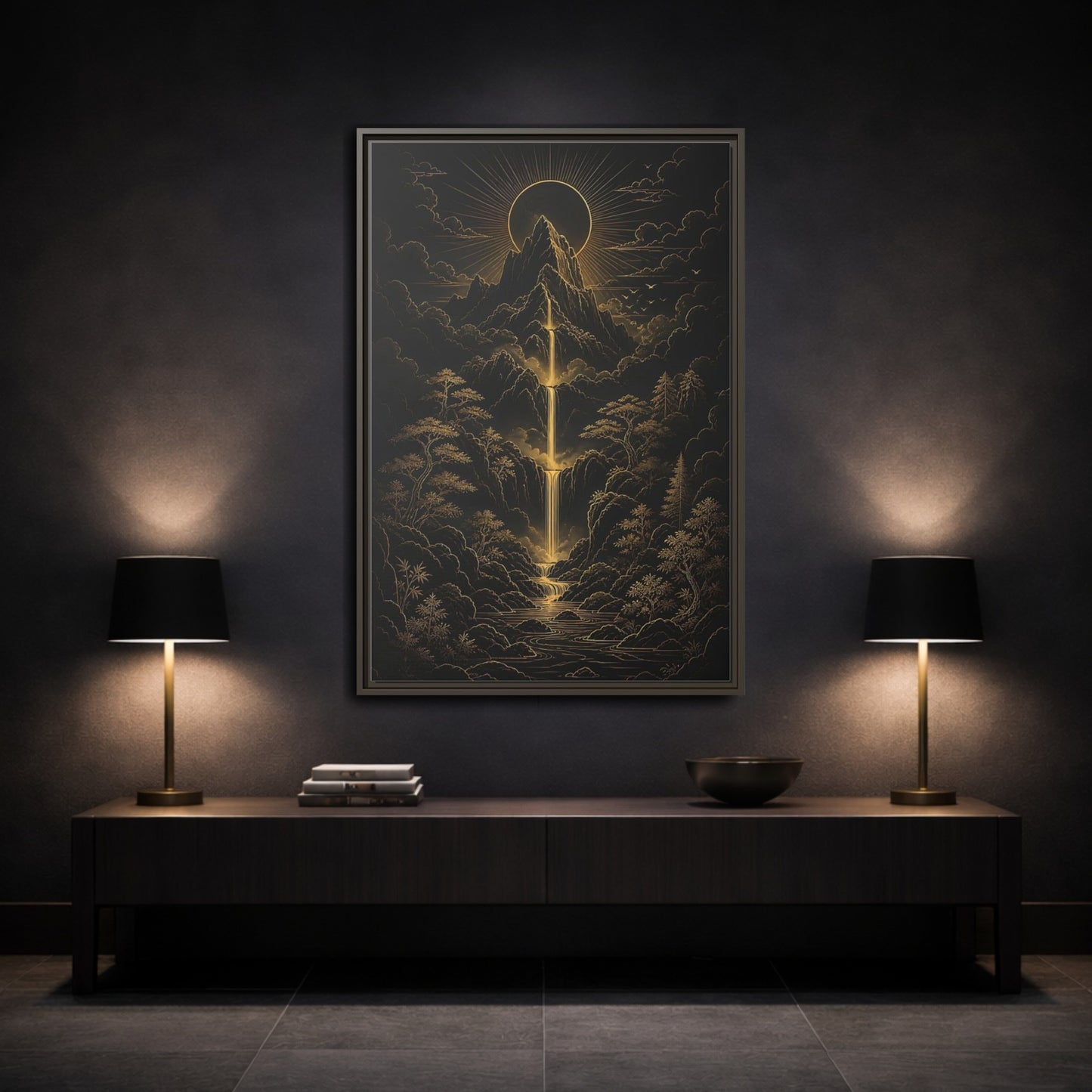 Mockup 3. Nature Mountain Waterfall Gold And Black Landscape shown as stretched canvas wall art