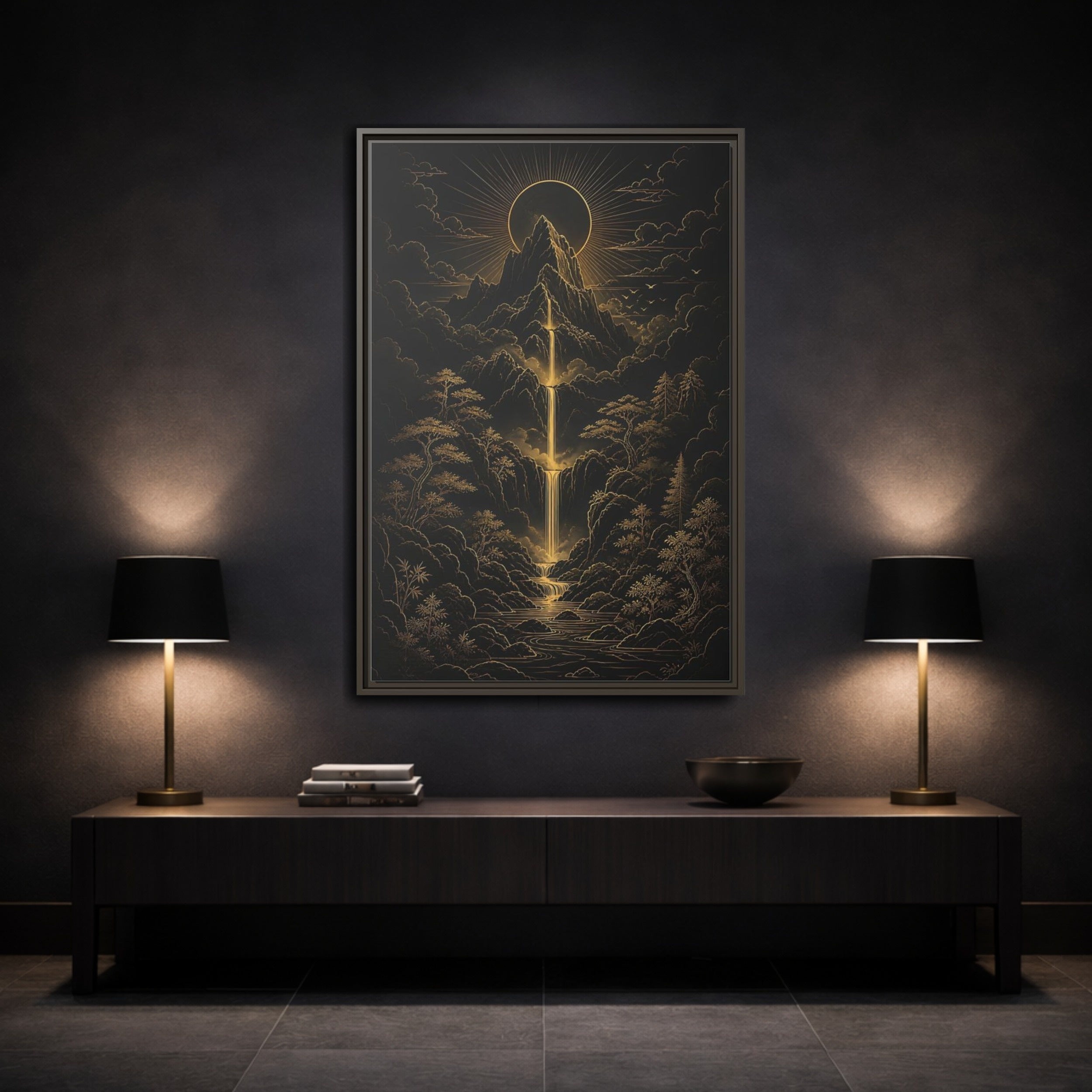 Mockup 3. Nature Mountain Waterfall Gold And Black Landscape shown as stretched canvas wall art