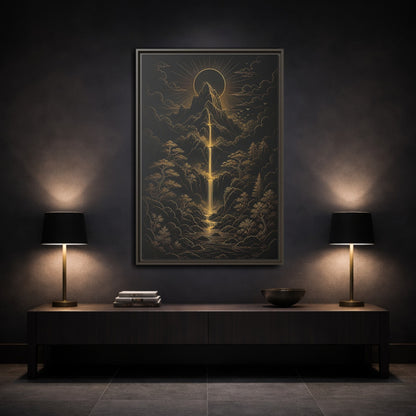 Mockup 3. Nature Mountain Waterfall Gold And Black Landscape shown as stretched canvas wall art