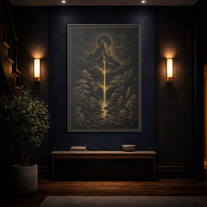 Mockup 4. Nature Mountain Waterfall Gold And Black Landscape shown as stretched canvas wall art