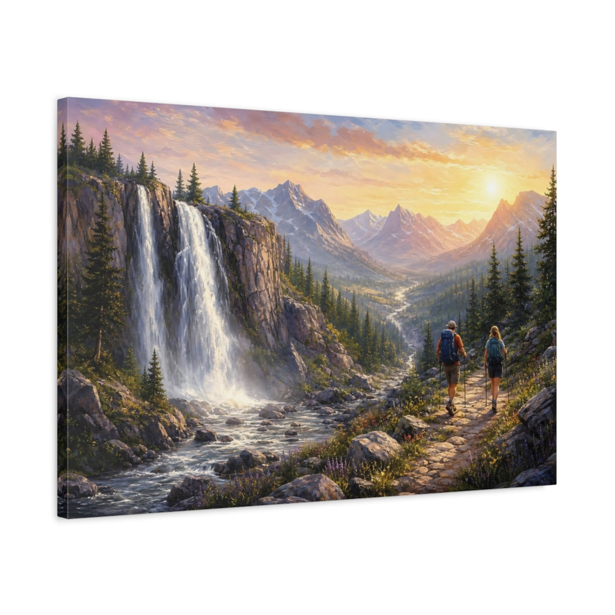 Side Mockup 2. Nature Mountain Waterfall Golden Mountain Waterfall shown as stretched canvas wall art