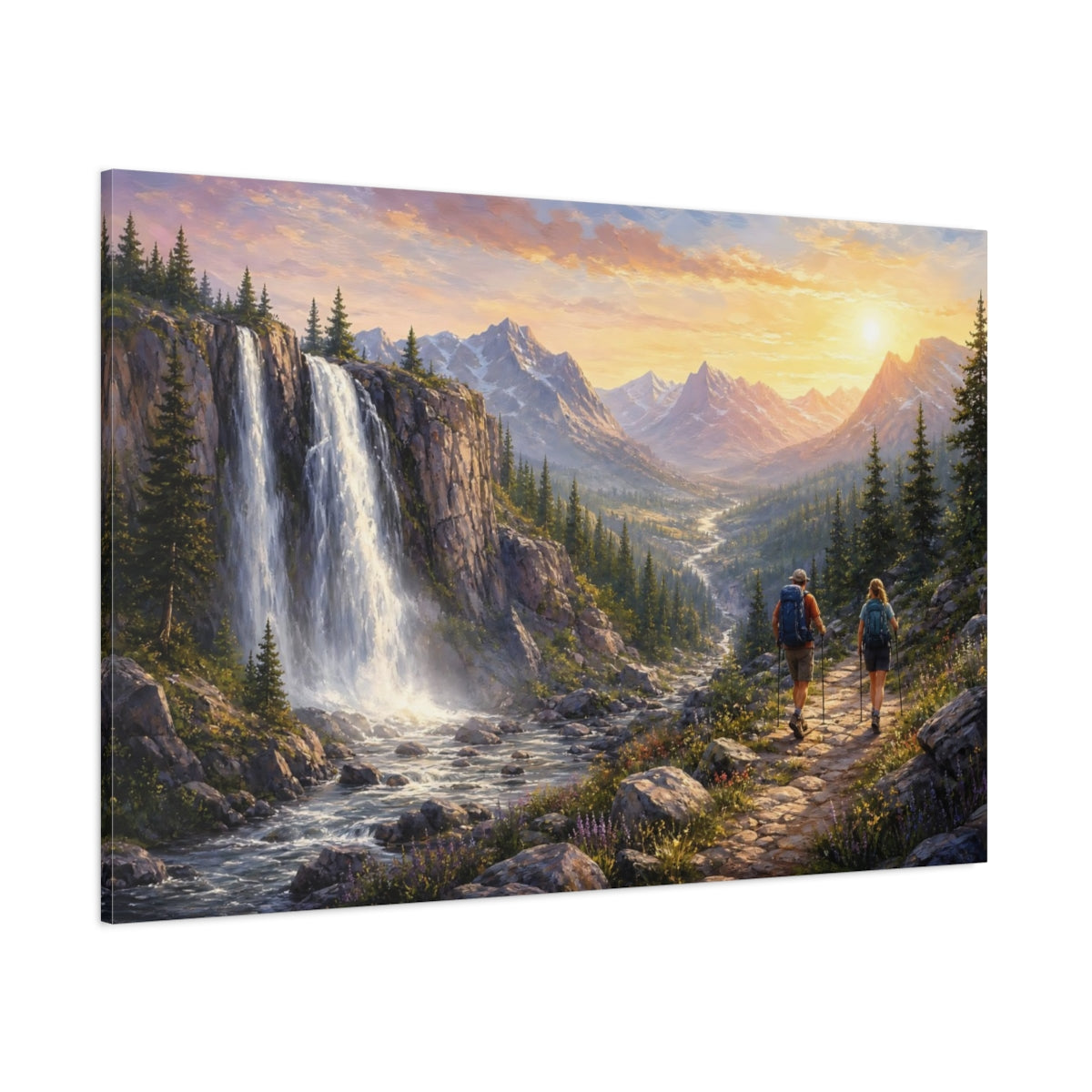 Side Mockup 1. Nature Mountain Waterfall Golden Mountain Waterfall shown as stretched canvas wall art