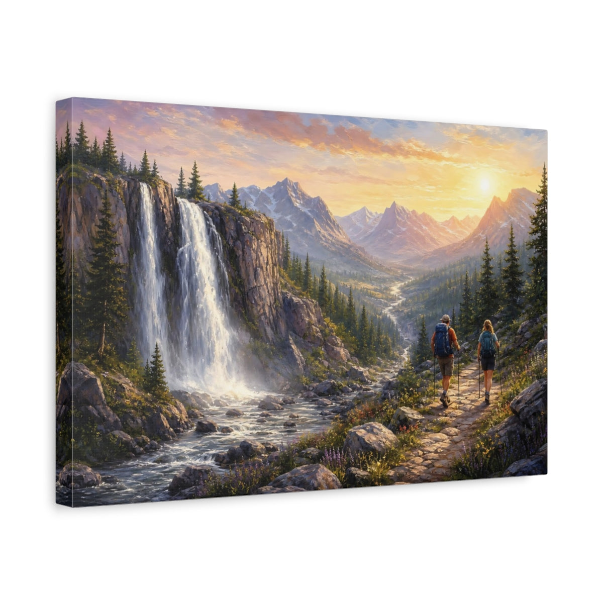 Side Mockup 4. Nature Mountain Waterfall Golden Mountain Waterfall shown as stretched canvas wall art