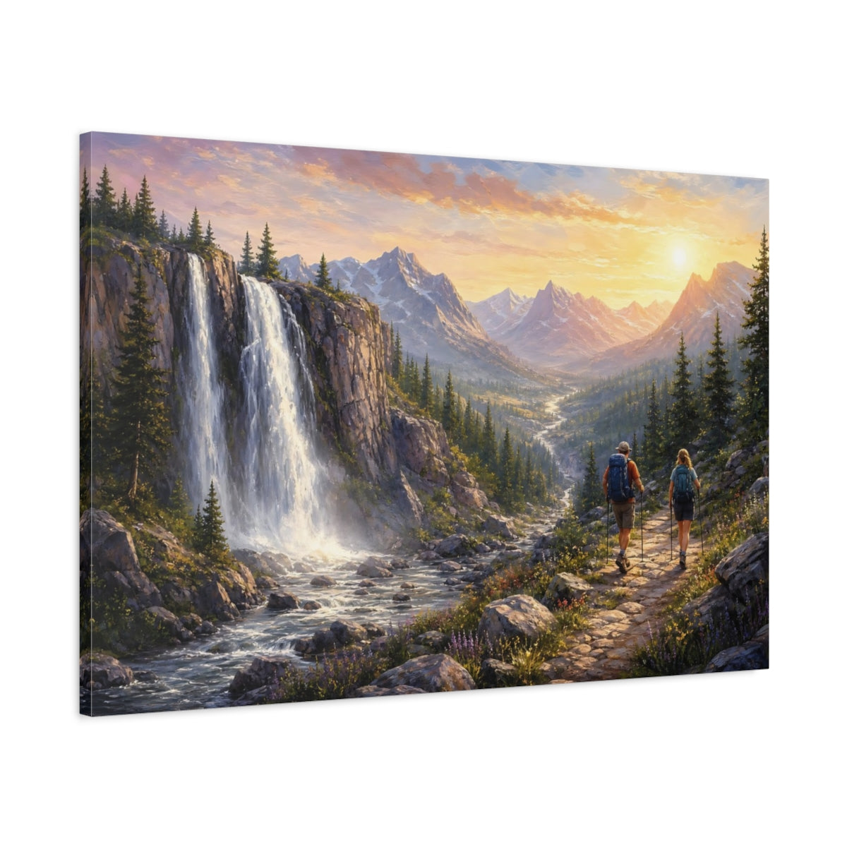 Main Mockup. Nature Mountain Waterfall Golden Mountain Waterfall shown as stretched canvas wall art