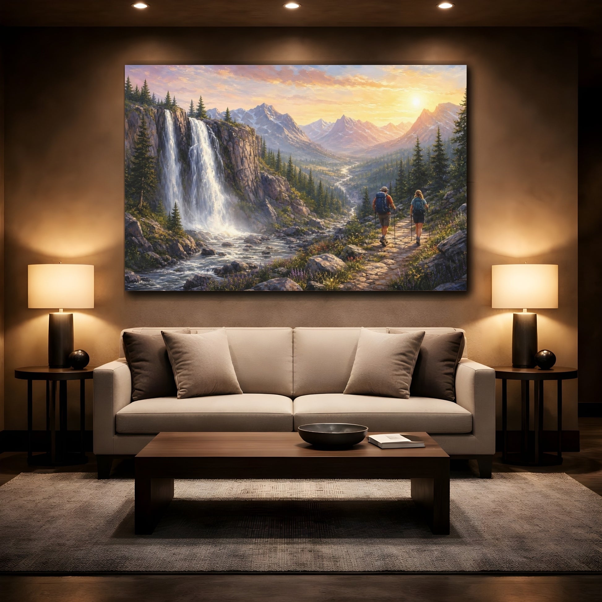 Mockup 2. Nature Mountain Waterfall Golden Mountain Waterfall shown as stretched canvas wall art