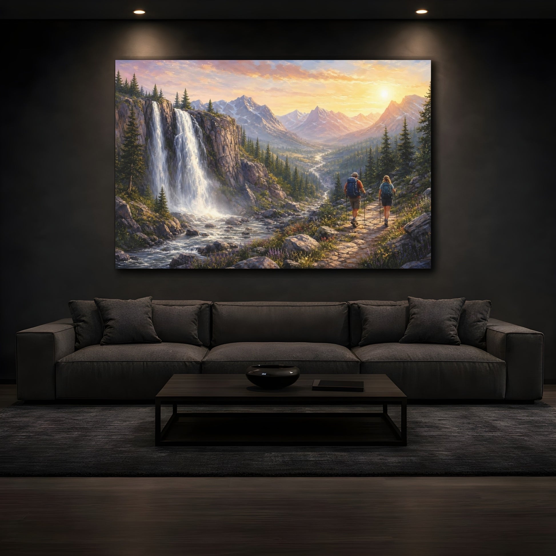 Mockup 3. Nature Mountain Waterfall Golden Mountain Waterfall shown as stretched canvas wall art