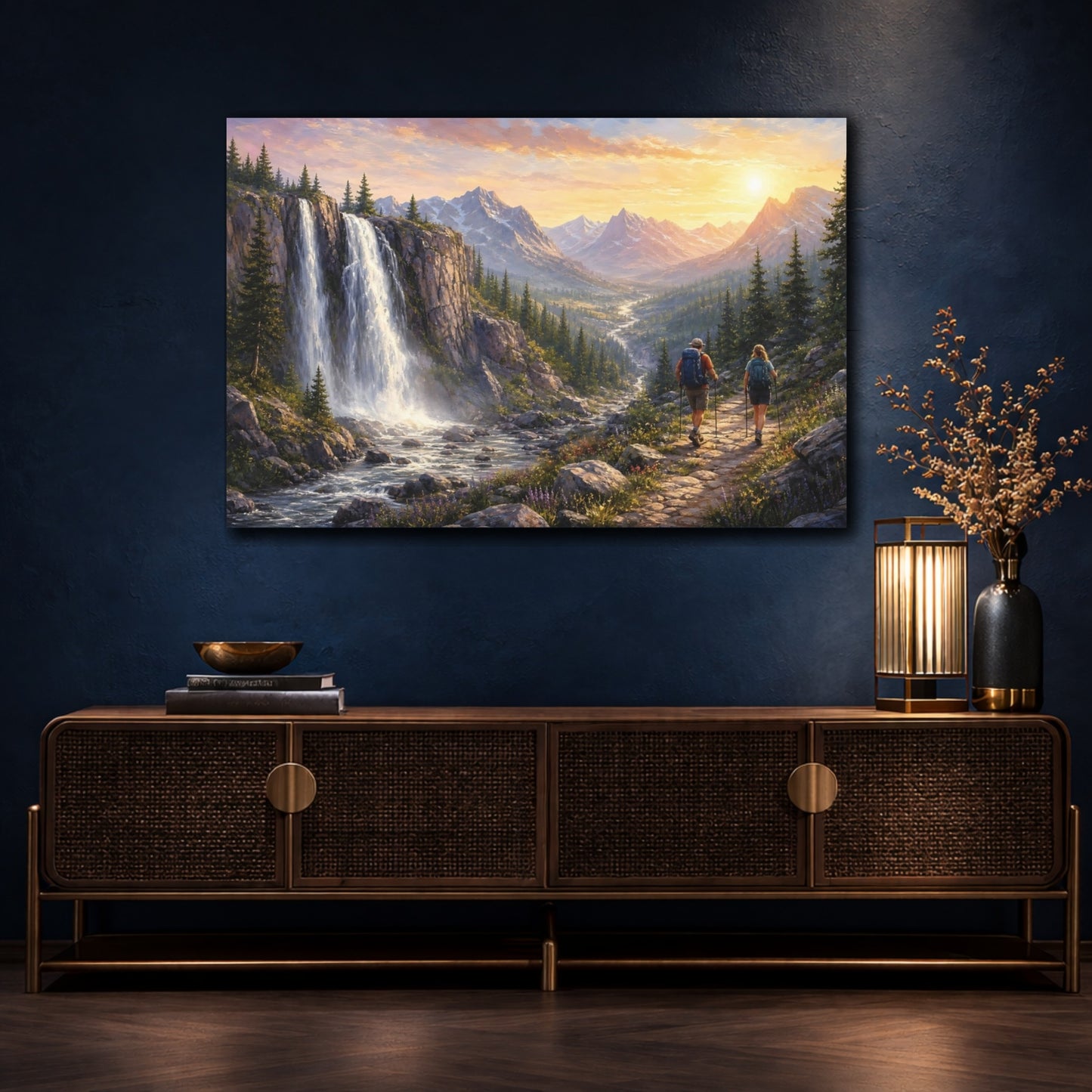Mockup 4. Nature Mountain Waterfall Golden Mountain Waterfall shown as stretched canvas wall art