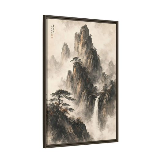 Main Mockup. Nature Mountain Waterfall Ink Wash Landscape shown as stretched canvas wall art