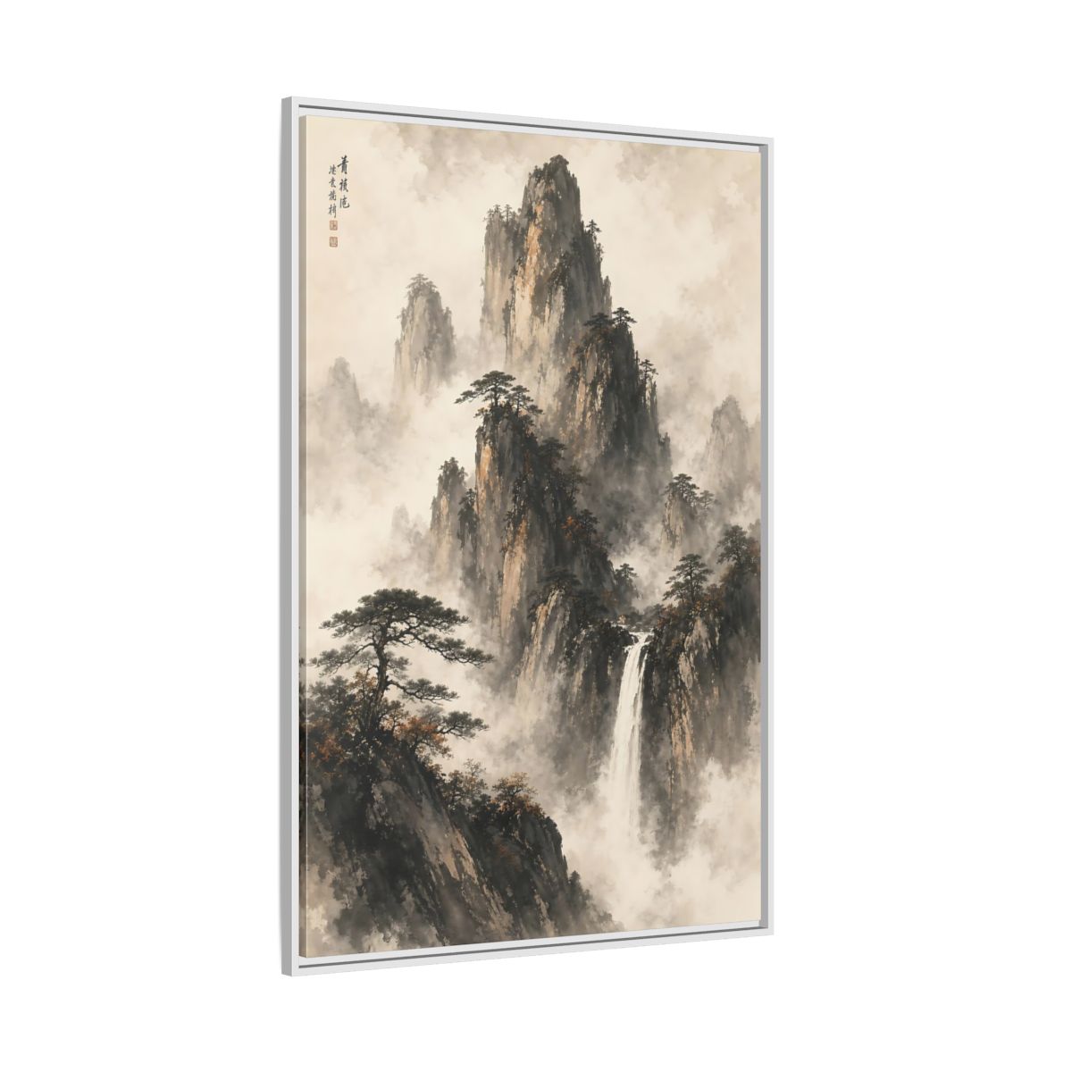 Side Mockup 7. Nature Mountain Waterfall Ink Wash Landscape shown as stretched canvas wall art