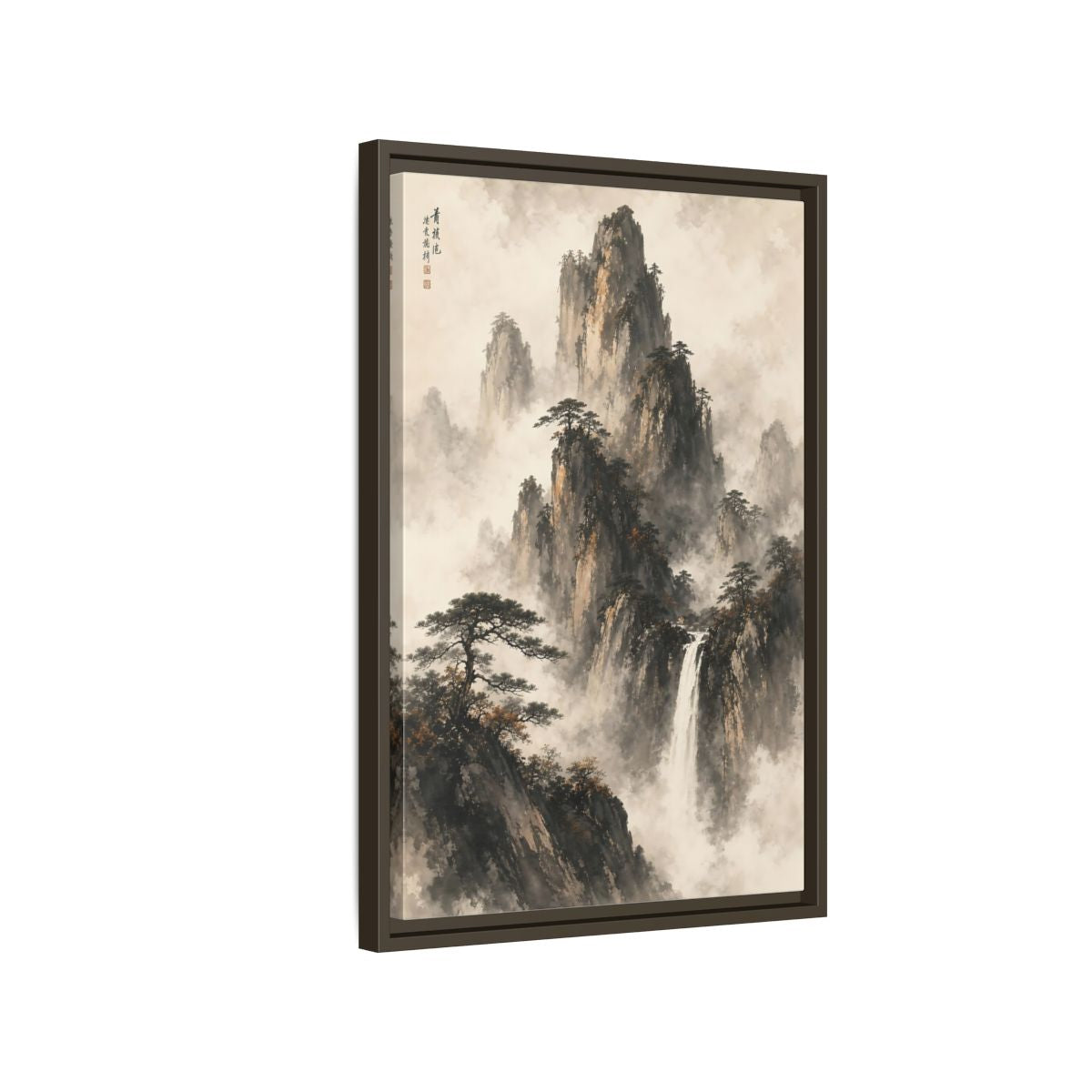 Side Mockup 2. Nature Mountain Waterfall Ink Wash Landscape shown as stretched canvas wall art