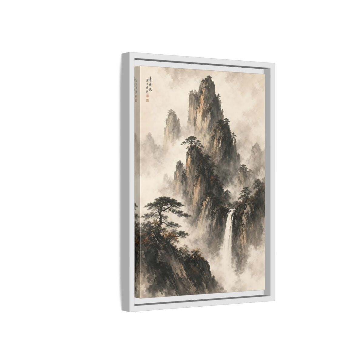 Side Mockup 4. Nature Mountain Waterfall Ink Wash Landscape shown as stretched canvas wall art