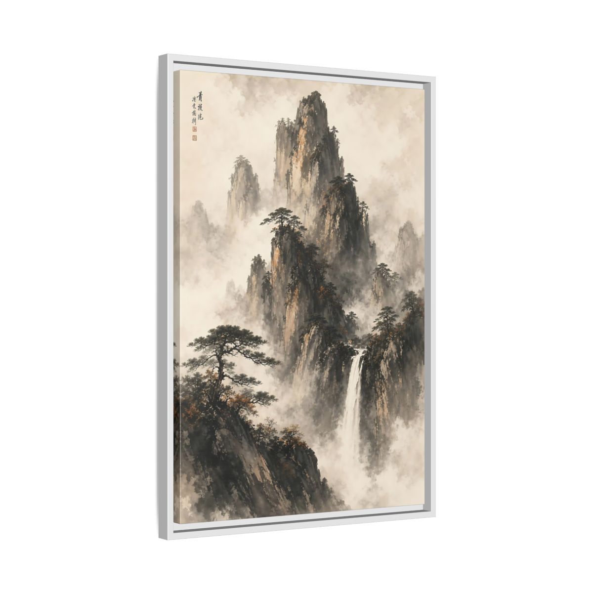Side Mockup 10. Nature Mountain Waterfall Ink Wash Landscape shown as stretched canvas wall art