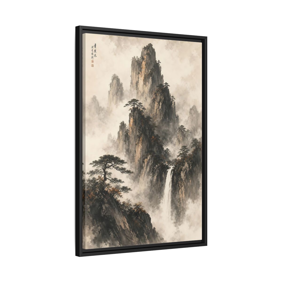 Side Mockup 14. Nature Mountain Waterfall Ink Wash Landscape shown as stretched canvas wall art