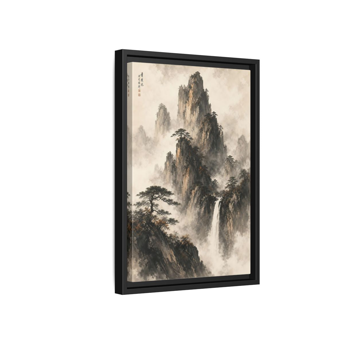 Side Mockup 6. Nature Mountain Waterfall Ink Wash Landscape shown as stretched canvas wall art