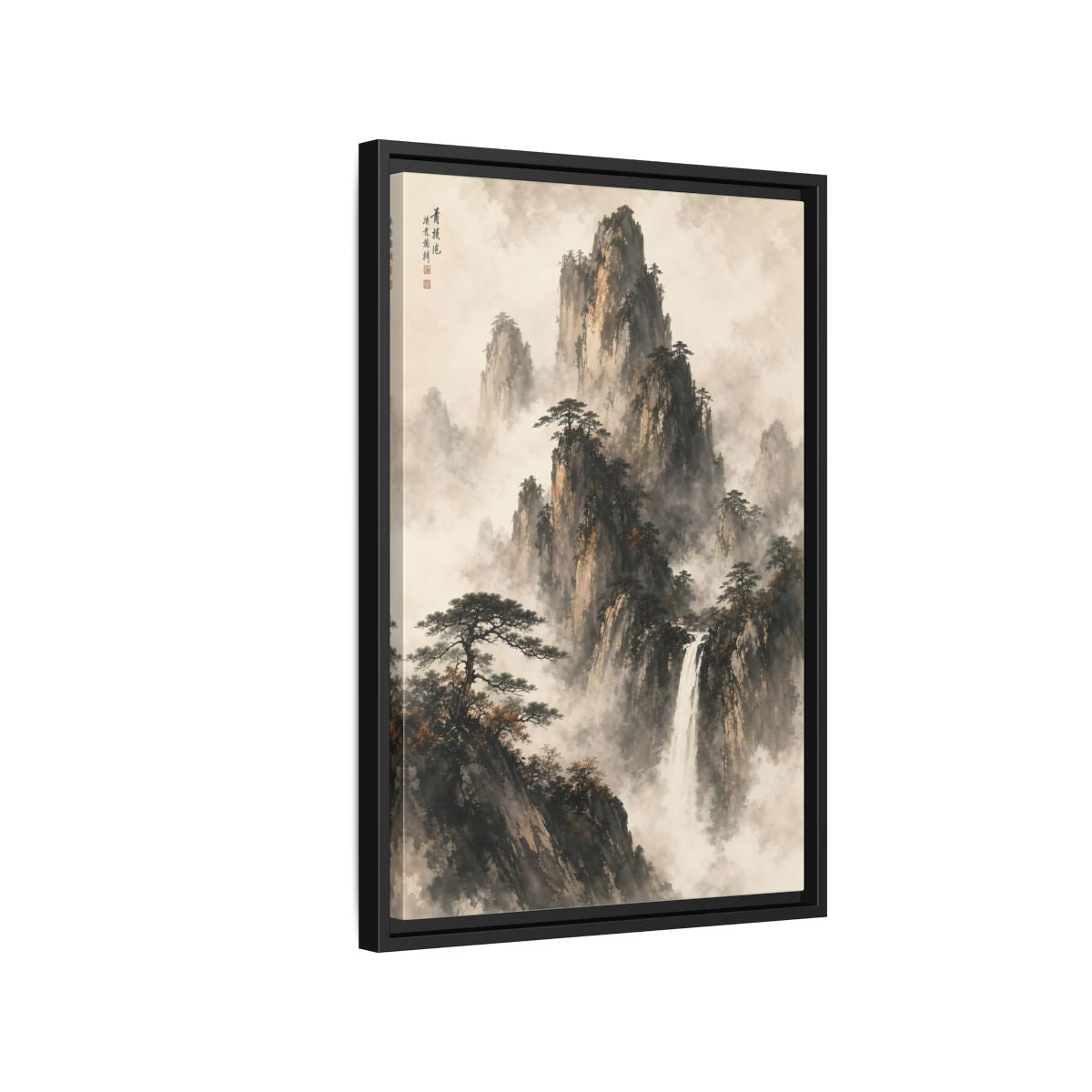 Side Mockup 3. Nature Mountain Waterfall Ink Wash Landscape shown as stretched canvas wall art