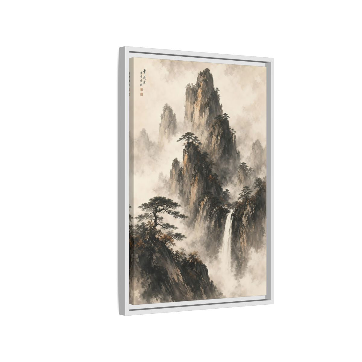 Side Mockup 1. Nature Mountain Waterfall Ink Wash Landscape shown as stretched canvas wall art