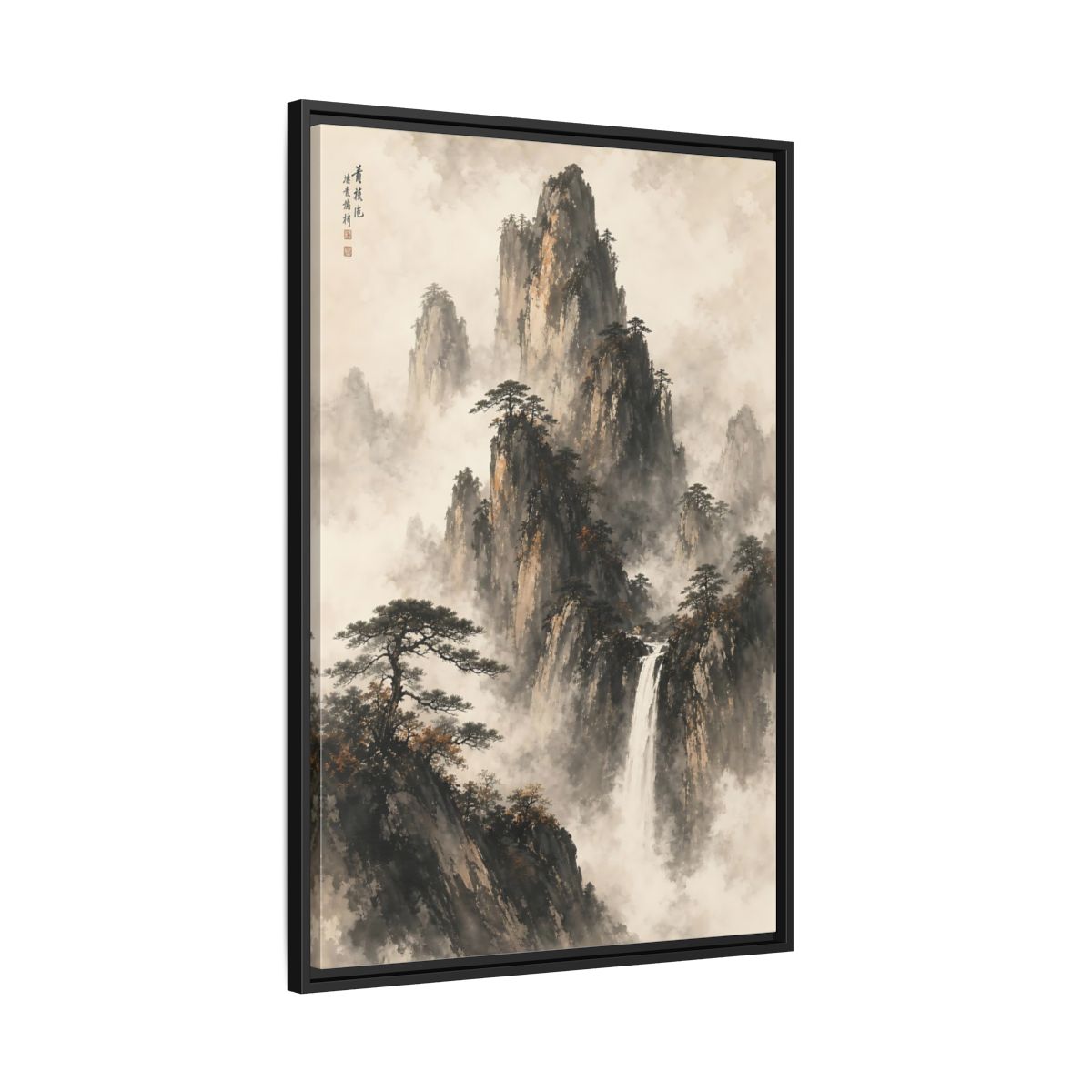 Side Mockup 13. Nature Mountain Waterfall Ink Wash Landscape shown as stretched canvas wall art
