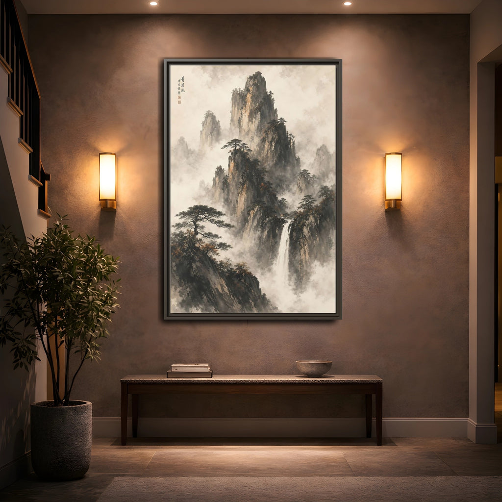 Mockup 2. Nature Mountain Waterfall Ink Wash Landscape shown as stretched canvas wall art