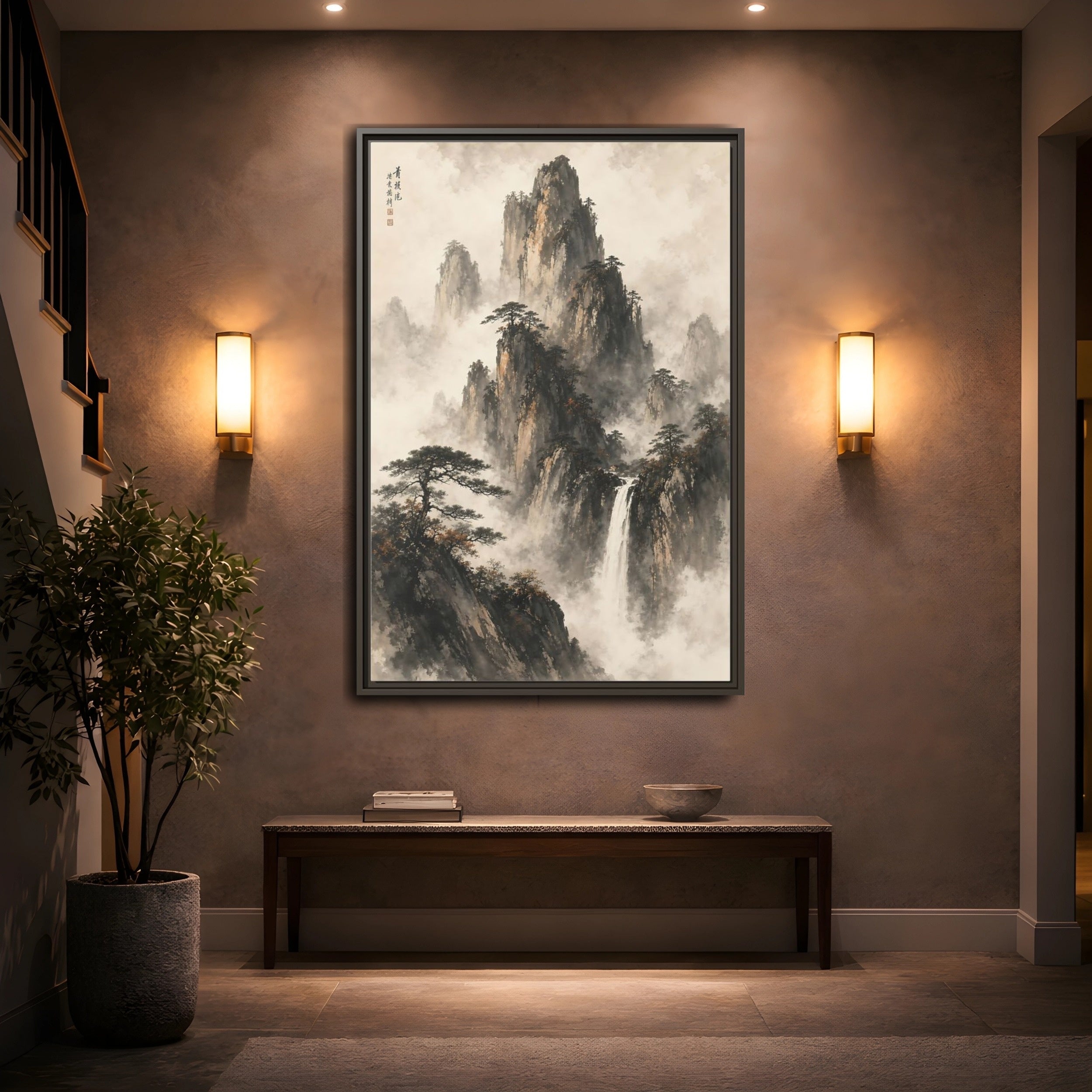 Mockup 2. Nature Mountain Waterfall Ink Wash Landscape shown as stretched canvas wall art