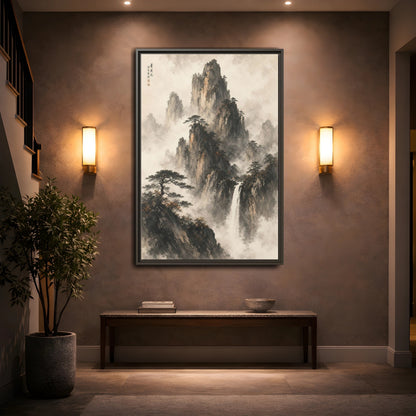 Mockup 2. Nature Mountain Waterfall Ink Wash Landscape shown as stretched canvas wall art