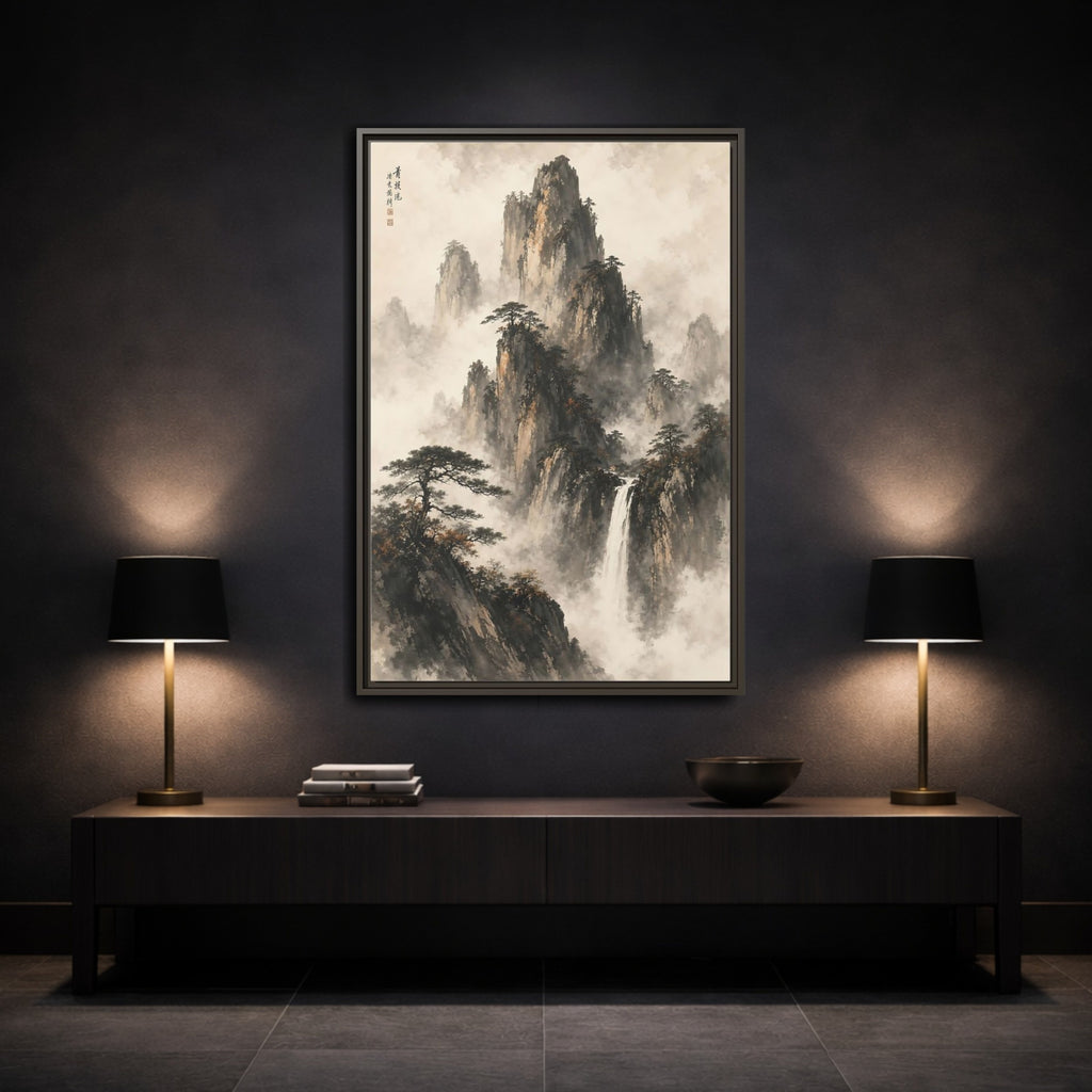 Mockup 3. Nature Mountain Waterfall Ink Wash Landscape shown as stretched canvas wall art