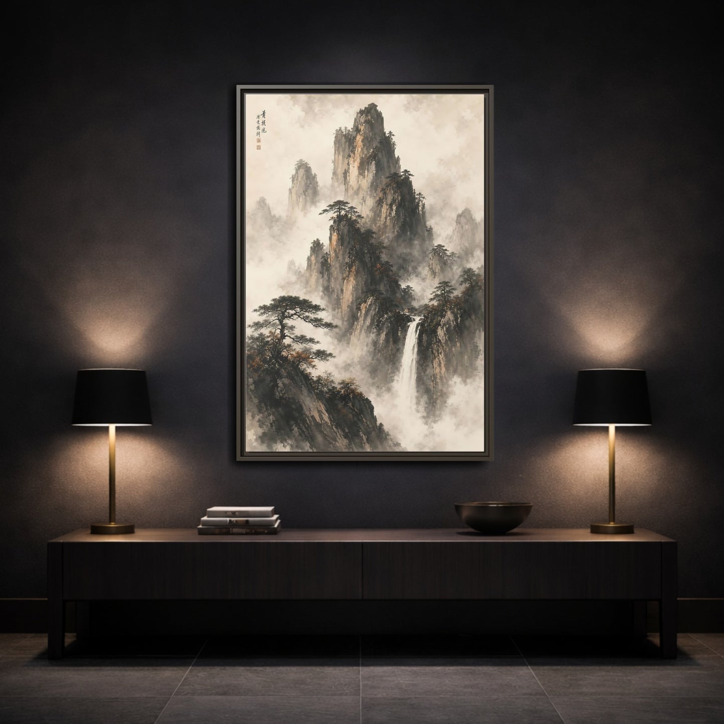 Mockup 3. Nature Mountain Waterfall Ink Wash Landscape shown as stretched canvas wall art