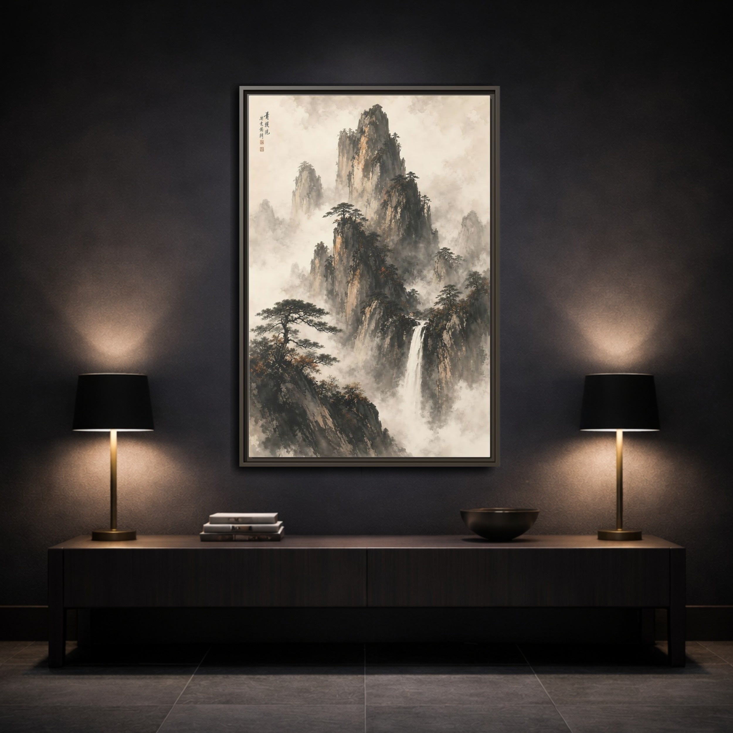 Mockup 3. Nature Mountain Waterfall Ink Wash Landscape shown as stretched canvas wall art