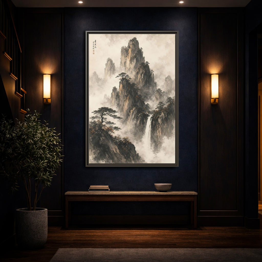 Mockup 4. Nature Mountain Waterfall Ink Wash Landscape shown as stretched canvas wall art