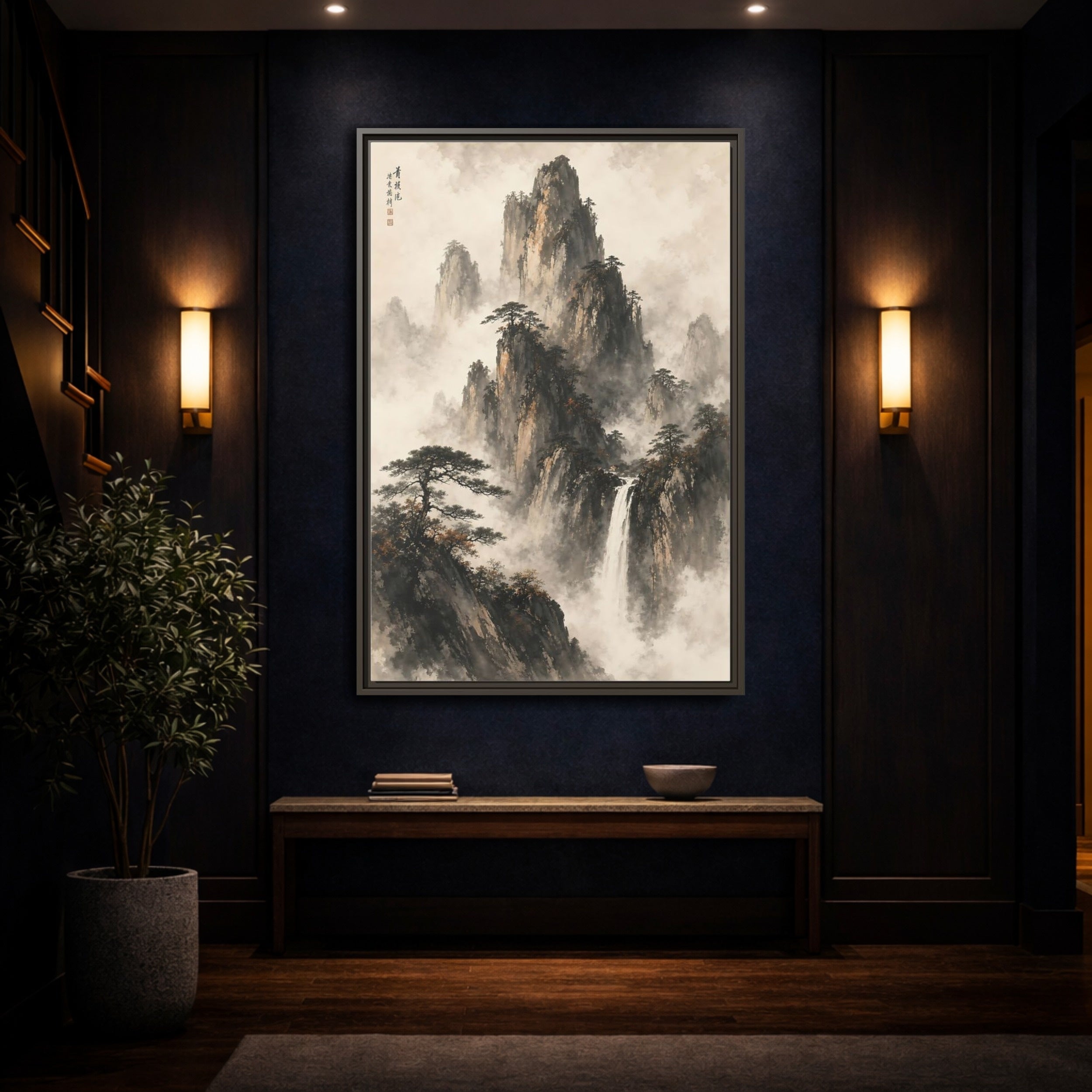 Mockup 4. Nature Mountain Waterfall Ink Wash Landscape shown as stretched canvas wall art