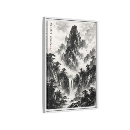 Nature Mountain Waterfall Monochrome Framed Canvas Wall Art shown as canvas wall art