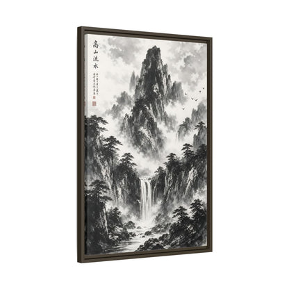 Nature Mountain Waterfall Monochrome Framed Canvas Wall Art shown as canvas wall art
