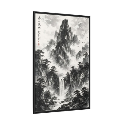Nature Mountain Waterfall Monochrome Framed Canvas Wall Art shown as canvas wall art