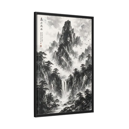 Nature Mountain Waterfall Monochrome Framed Canvas Wall Art shown as canvas wall art