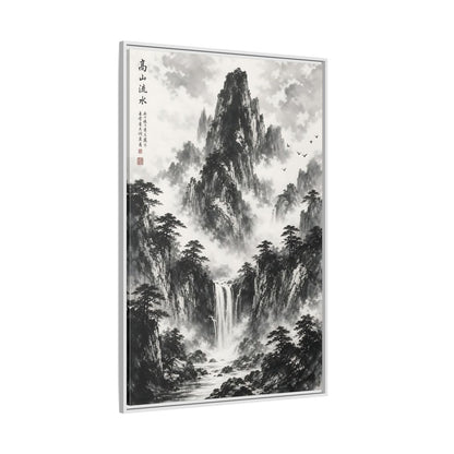 Nature Mountain Waterfall Monochrome Framed Canvas Wall Art shown as canvas wall art