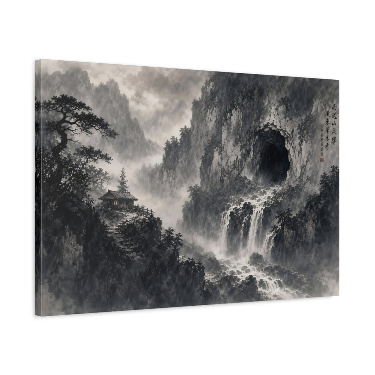 Side Mockup 2. Nature Mountain Waterfall Monochrome Landscape shown as stretched canvas wall art