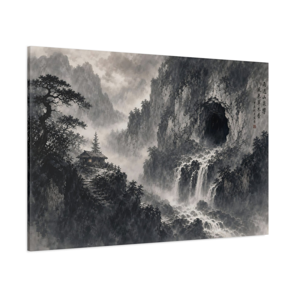 Side Mockup 1. Nature Mountain Waterfall Monochrome Landscape shown as stretched canvas wall art