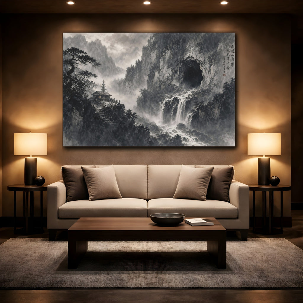 Mockup 2. Nature Mountain Waterfall Monochrome Landscape shown as stretched canvas wall art