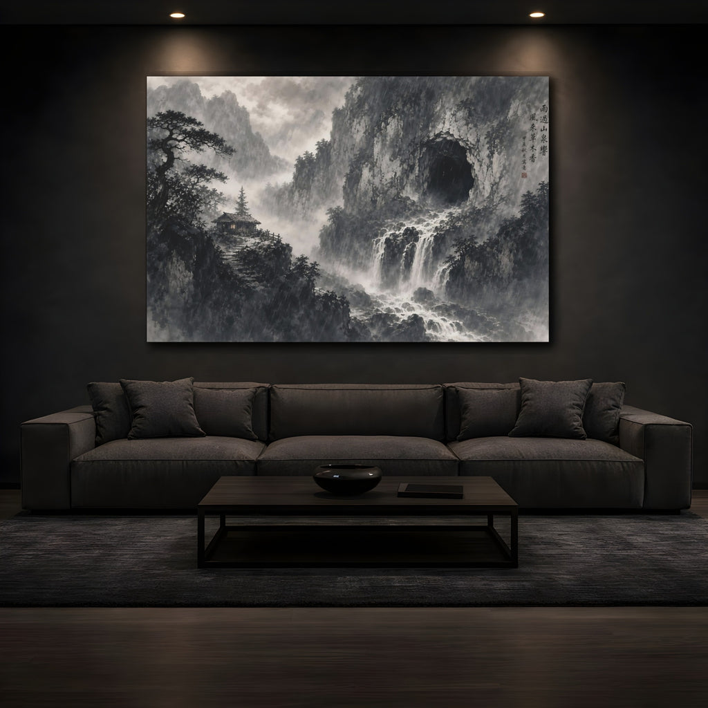 Mockup 3. Nature Mountain Waterfall Monochrome Landscape shown as stretched canvas wall art