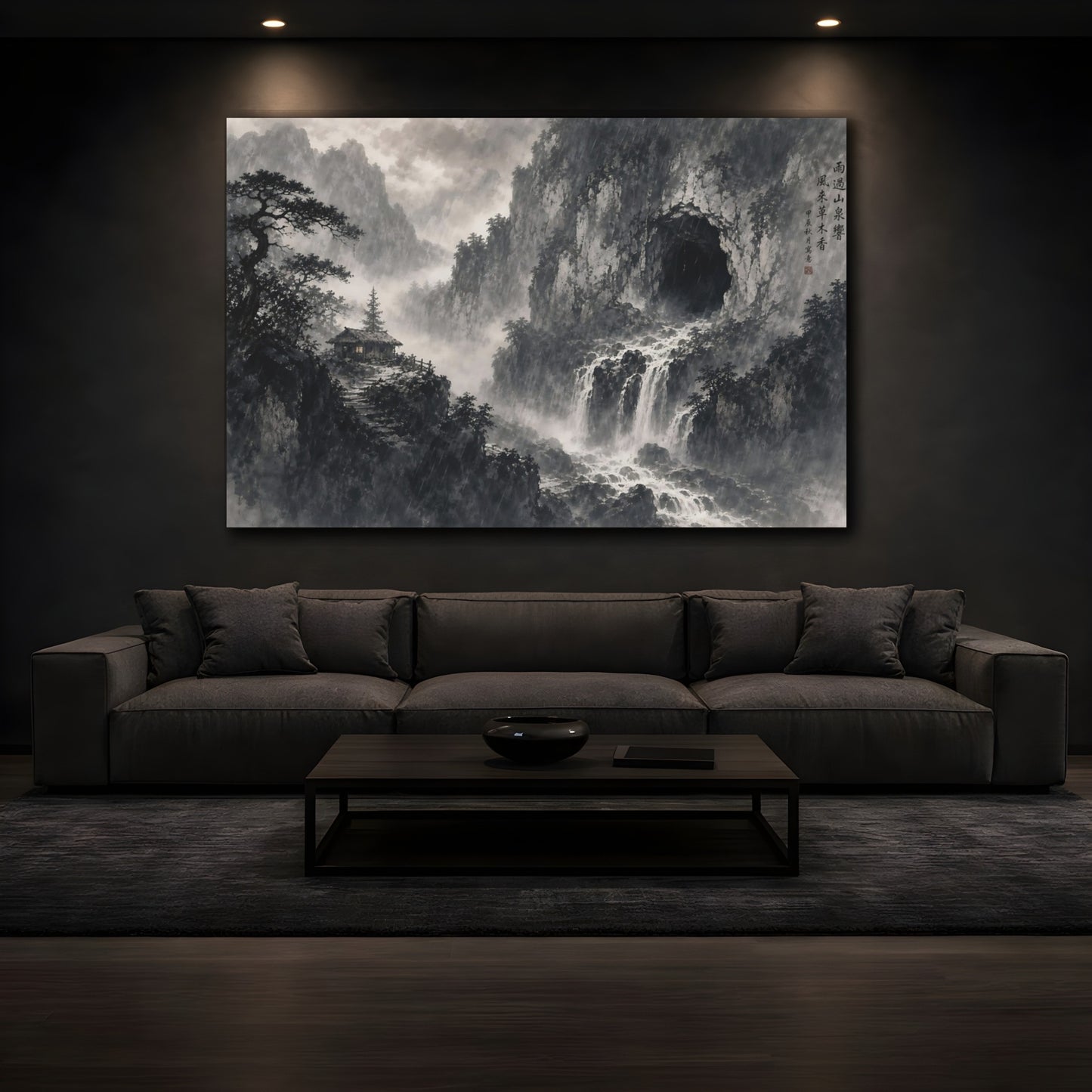 Mockup 3. Nature Mountain Waterfall Monochrome Landscape shown as stretched canvas wall art
