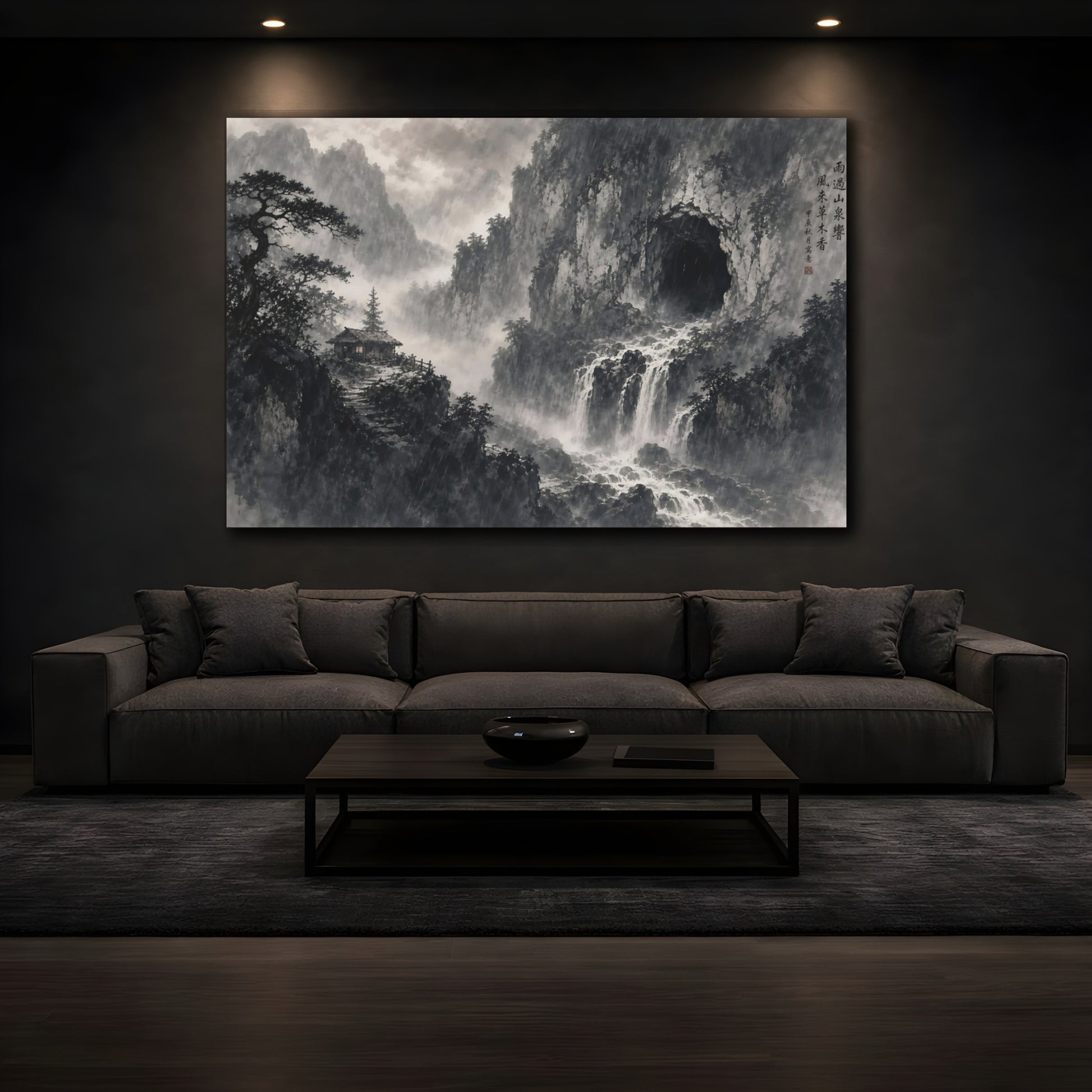 Mockup 3. Nature Mountain Waterfall Monochrome Landscape shown as stretched canvas wall art