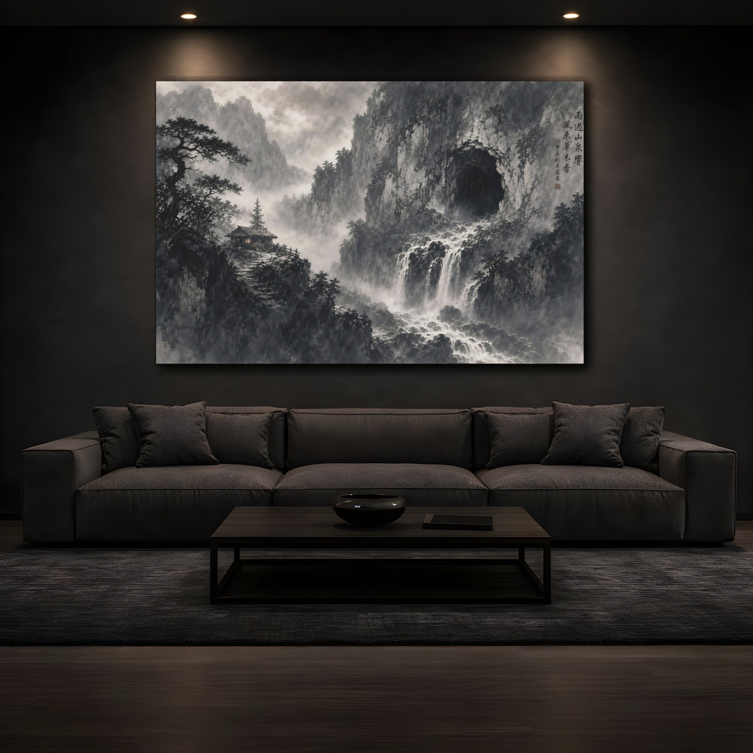 Mockup 3. Nature Mountain Waterfall Monochrome Landscape shown as stretched canvas wall art