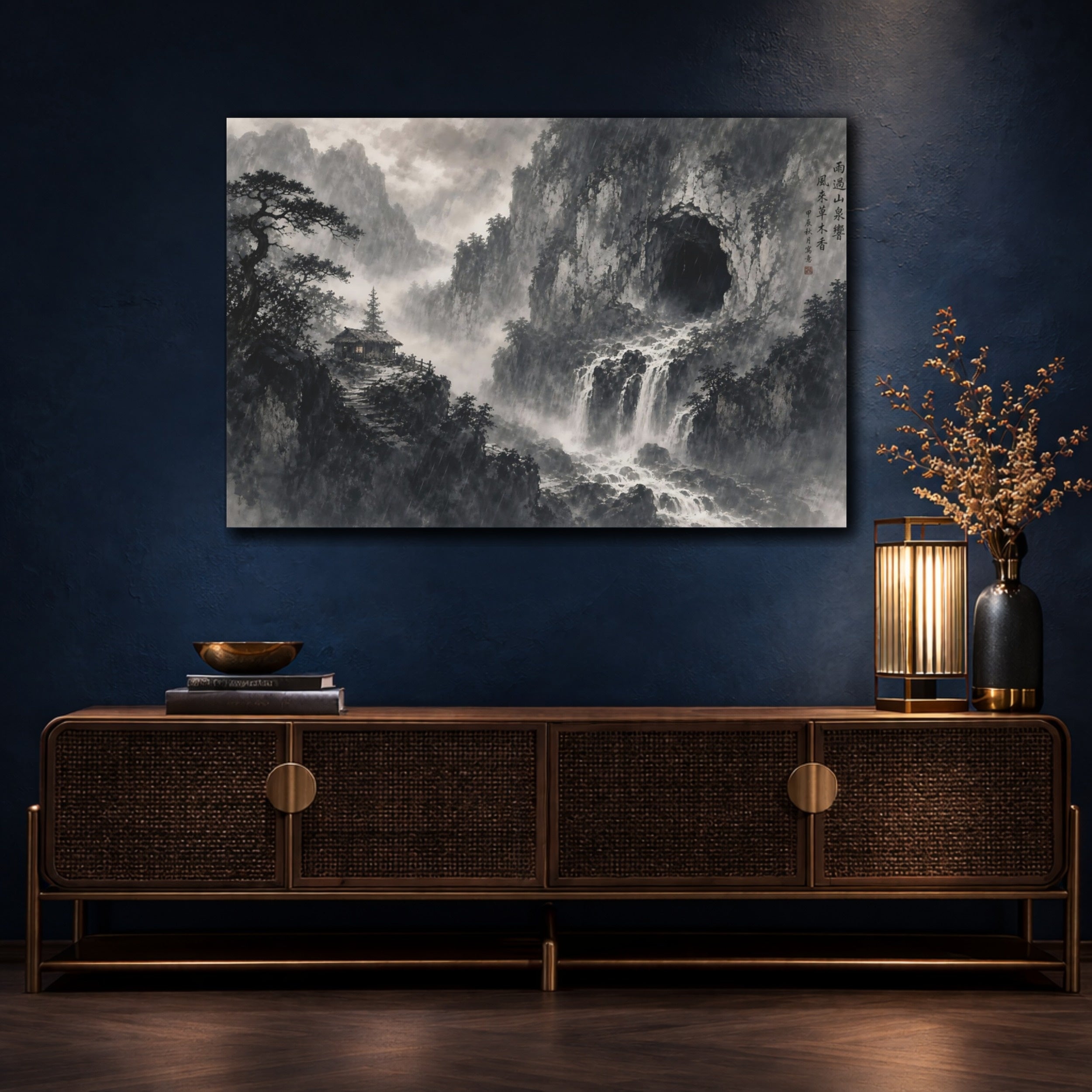 Mockup 4. Nature Mountain Waterfall Monochrome Landscape shown as stretched canvas wall art